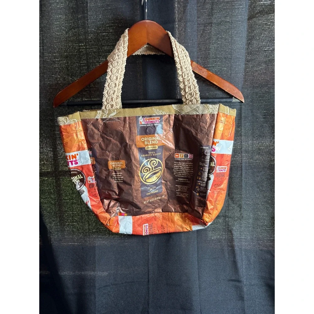 Handmade Dunkin Donuts Upcycled Coffee Bag Tote Bag Crochet Handles Floral